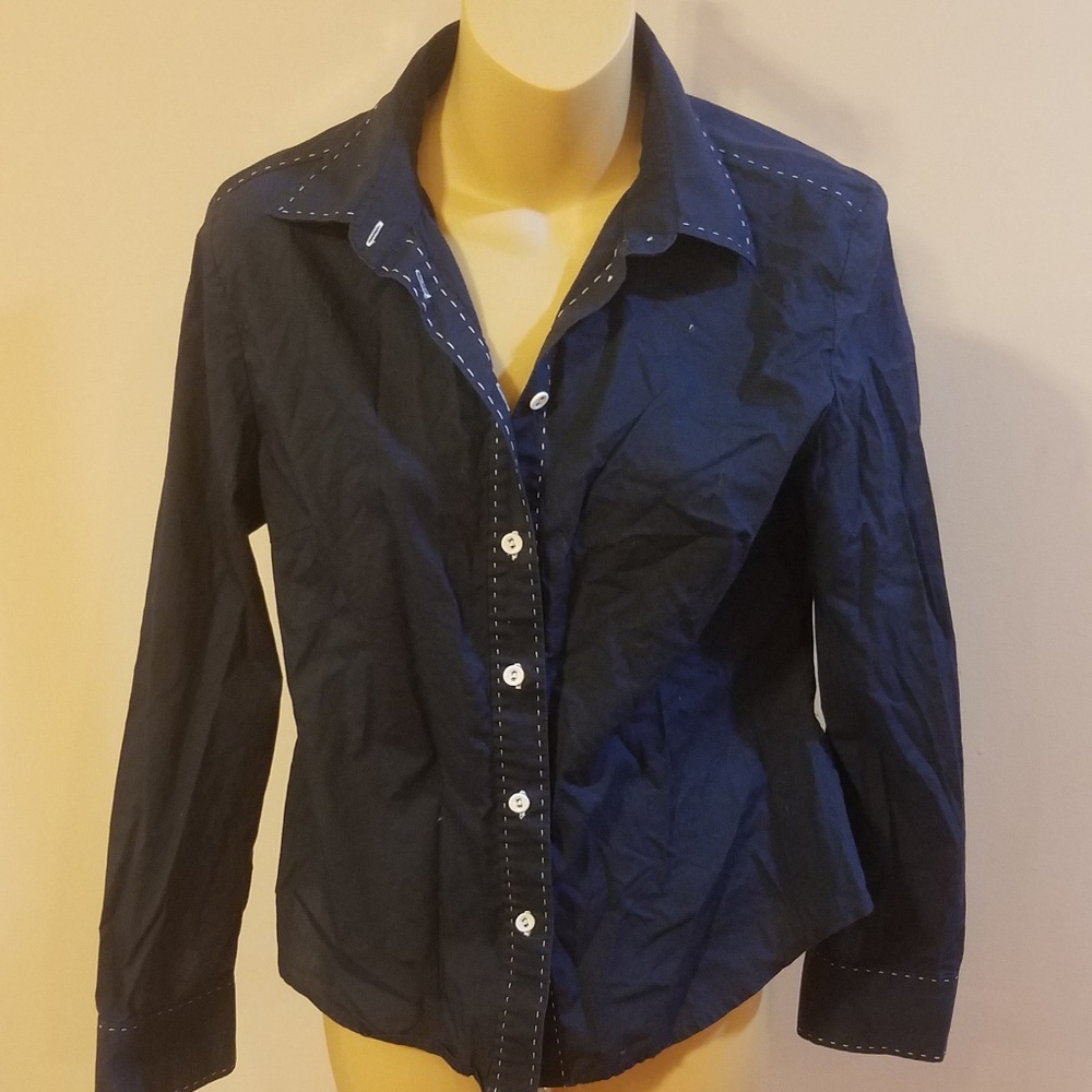Rare wrap brand button up navy blue shirt uk 12 100% cotton L10